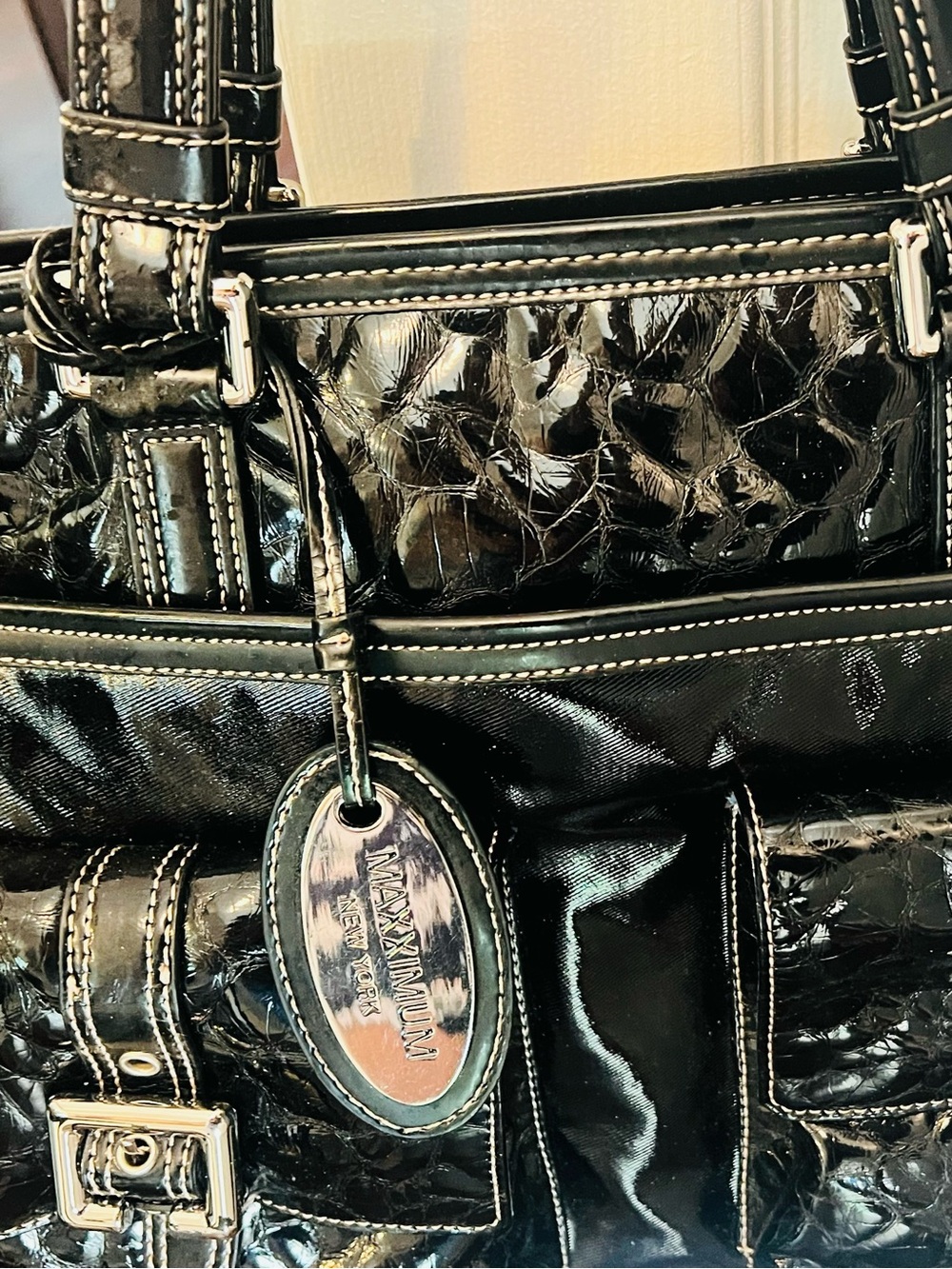 Black Patent Shoulder Bag with Croc-Embossed Detail
